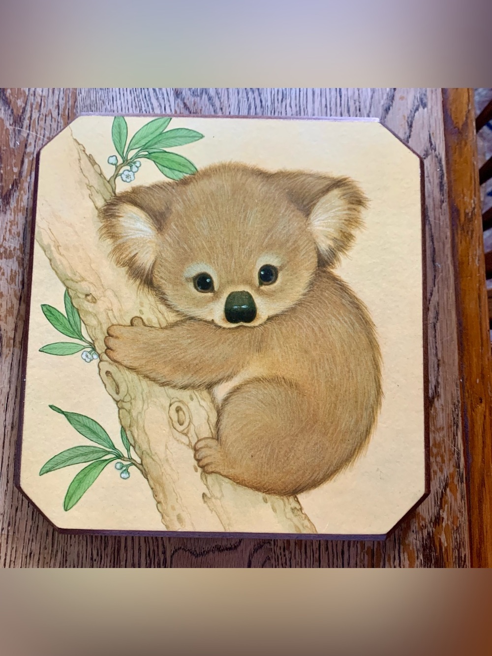 Vtg Baby Koala Wood Plaque 9x9” Gentle Storybook Theme